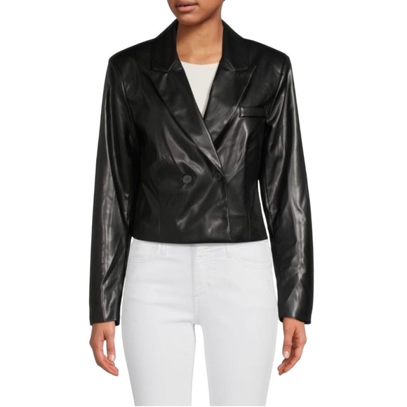 NWT AREA STARS Black Faux Leather Cropped Jacket Blazer Women's Size L - Picture 1 of 13